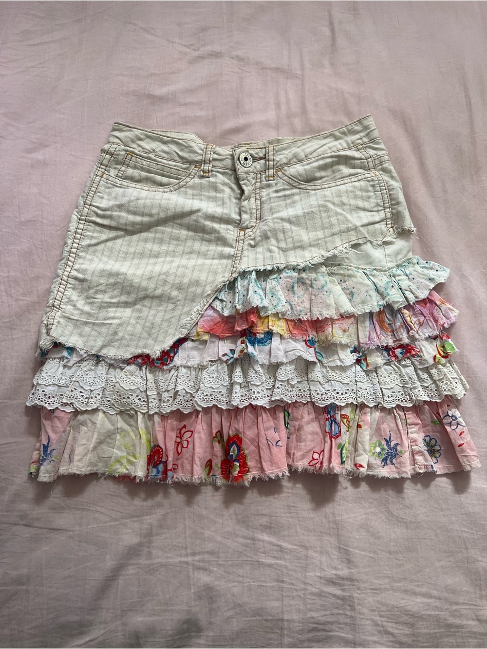 Replay Euro Whimsical White Denim Mini Skirt with Pink Floral Ruffle Tiers